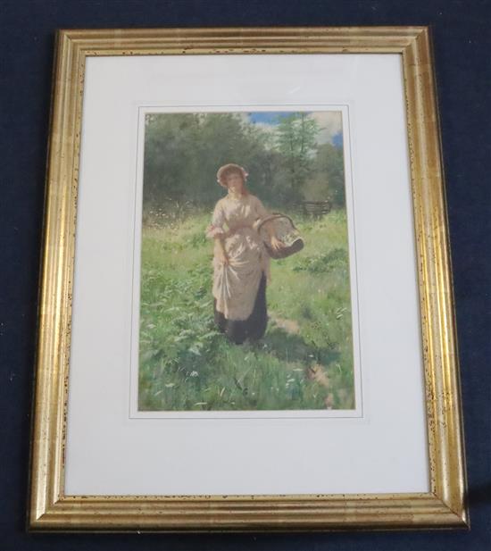 Percy Tarrant (1879-1930) Woman with a basket of wild flowers 14.5 x 9.75in.